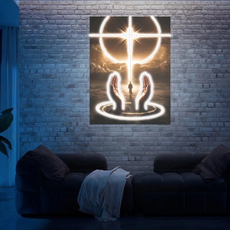 Divine Cross Neon Wall Art – Glowing Christian LED Neon Sign with Praying Hands for Home, Church, Prayer Room & Inspirational Faith Decor