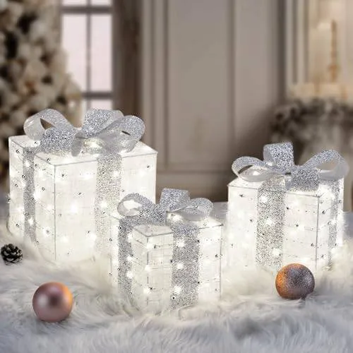 Elegant Lighted Christmas Gift Boxes - 140 Ultra-Bright LEDs, 8 Modes with Timer, Waterproof & Durable Metal Frame, 3 Sizes with Silver Ribbons & Bows, Perfect Holiday Decor & Gift
