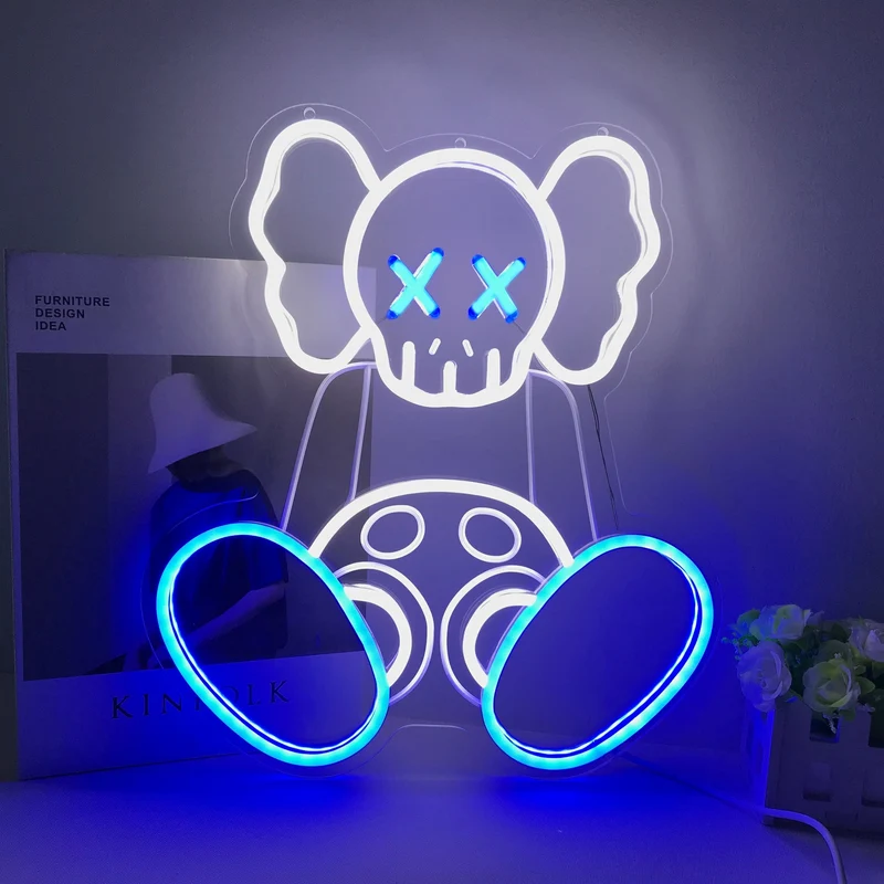 KAWS Inspired Sitting Neon Sign & LED Neon Light Glowing Wall Art for Bedroom, Game Room, Studio & Aesthetic Home Decor