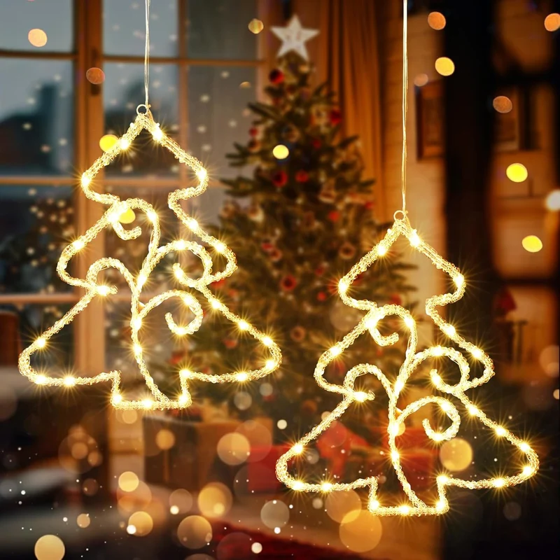 Battery Operated Christmas Window Lights - Quntis 2 Pcs 14.5in Crystal Sparkling, 70 LED Christmas Window Hanging Lights with Timer