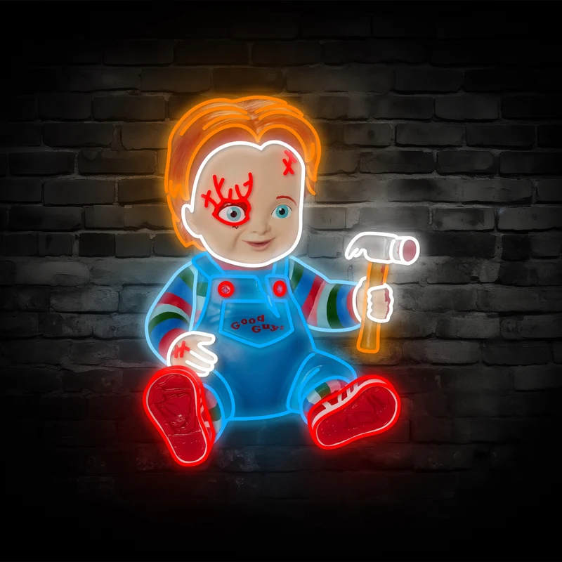 Chucky Child’s Play Neon Sign – Halloween Movie LED Wall Light, Horror Killer Doll Decor for Halloween & Home Bars