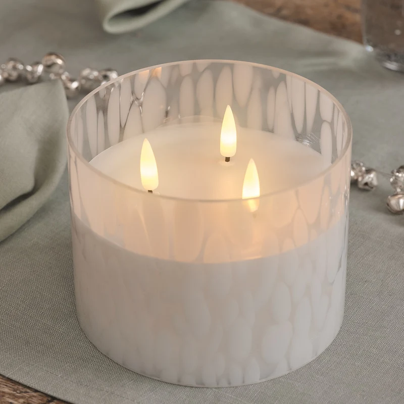 Bougie LED TruGlow® en Verre Confetti Blanc à 3 Mèches avec Télécommande
