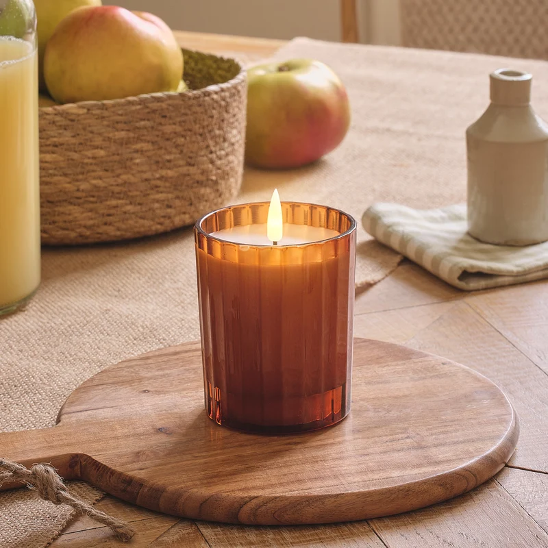 Bougie LED TruGlow® en Verre Rainuré Orange Brûlé avec Télécommande
