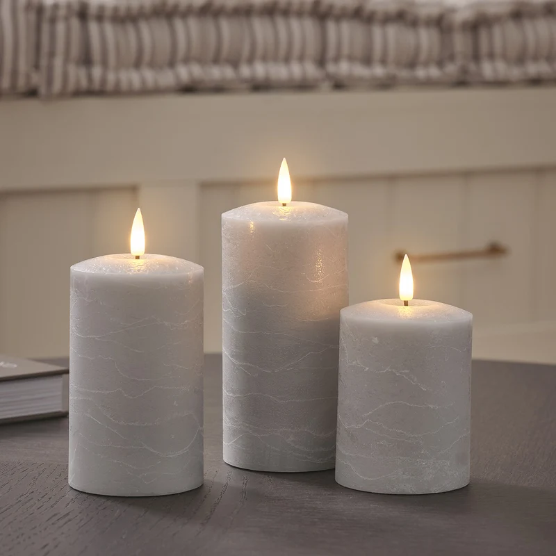 Lot de 3 Bougies Piliers TruGlow® Grises à LED Télécommandées