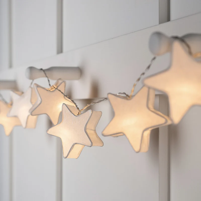 Guirlande Lumineuse à Piles 10 Étoiles en Papier Blanc avec LED Blanc Chaud