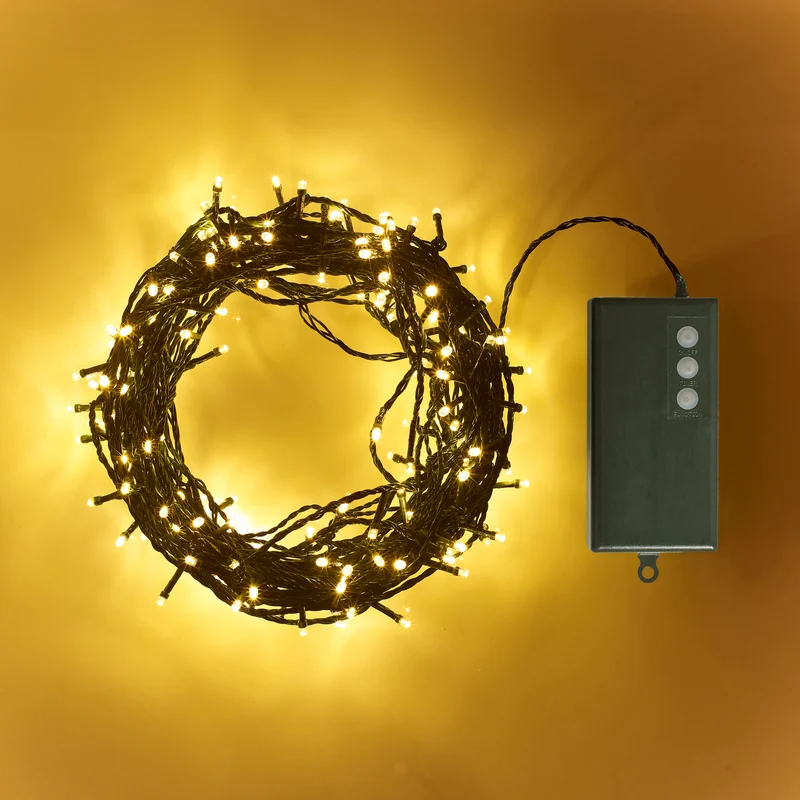 Guirlande Lumineuse à Piles 200 LED Blanc Chaud sur Câble Vert Foncé