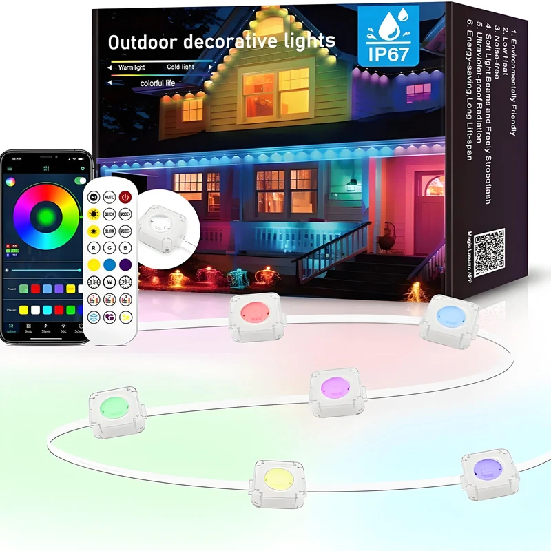 RGB Waterproof Permanent Outdoor Lights – Remote-Controlled Color-Changing Eaves Light Strip for Holiday & House Decoration