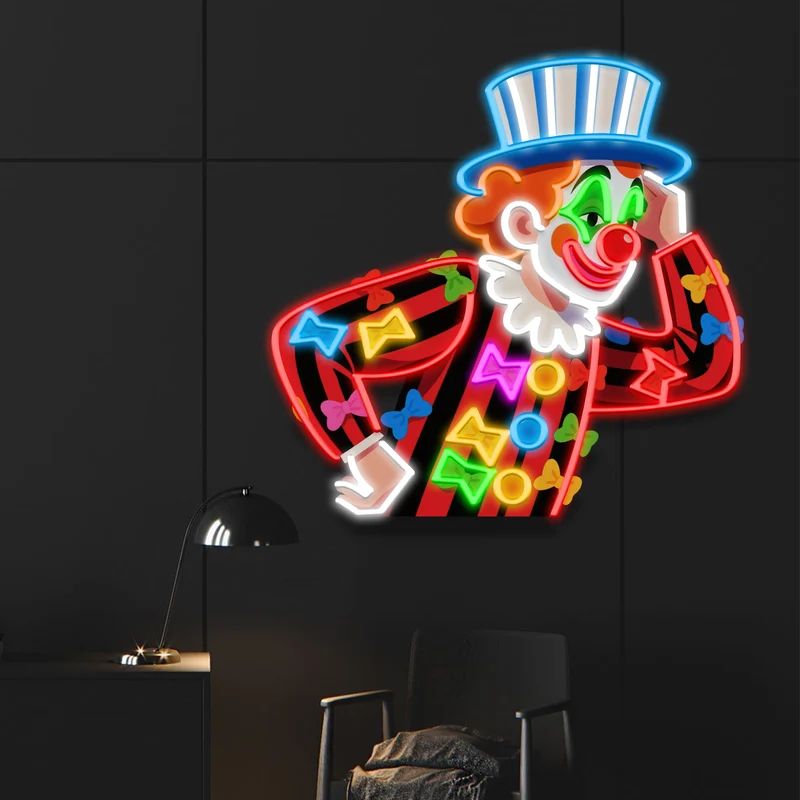 Clown Neon Sign – Blue Hat & Bowtie Outfit, Whimsical Wall Light for Party & Room Decor