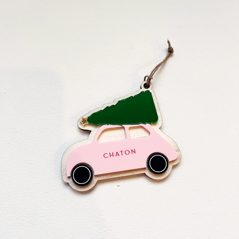 Ornement "Voiture" de Noël rose CHATON