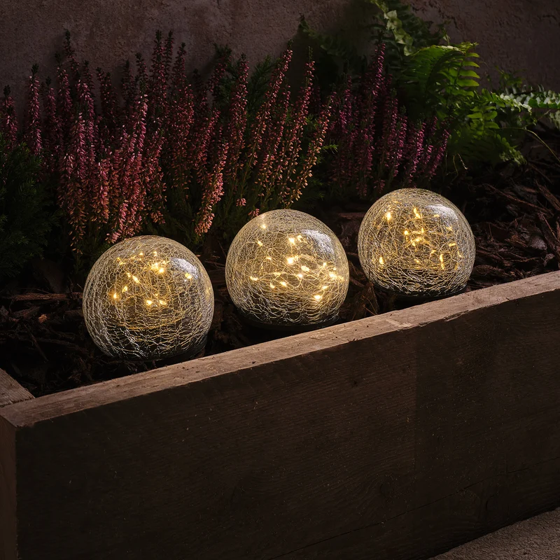 Lot de 3 Globes Solaires à Piquet en Verre Craquelé