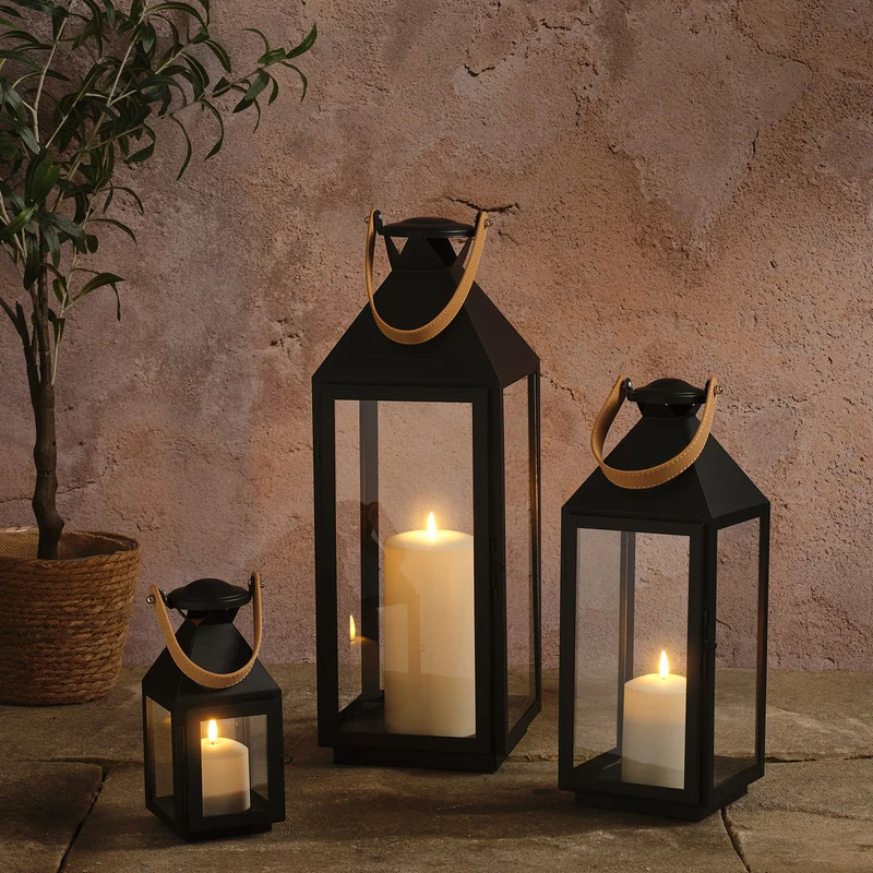 Trio de Lanternes Brixham à Anse Effet Cuir avec Bougies LED TruGlow®