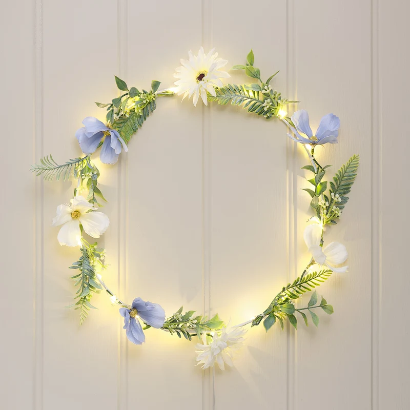 Couronne pré-éclairée Fleurs Bleues et Blanches