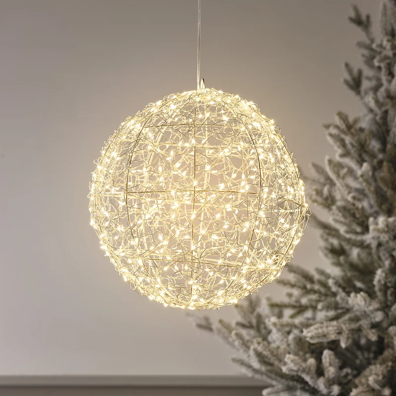 Boule Lumineuse Argentée à Suspendre de 28 cm, à 400 LED Blanc Chaud