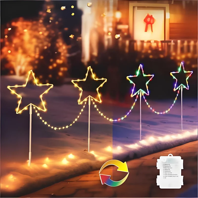 Quntis Christmas Pathway Lights – 4-Pack Color Changing LED Star Garden Stakes, Battery Powered with 8 Modes & Timer, IP65 Waterproof for Xmas Yard & Lawn Decor