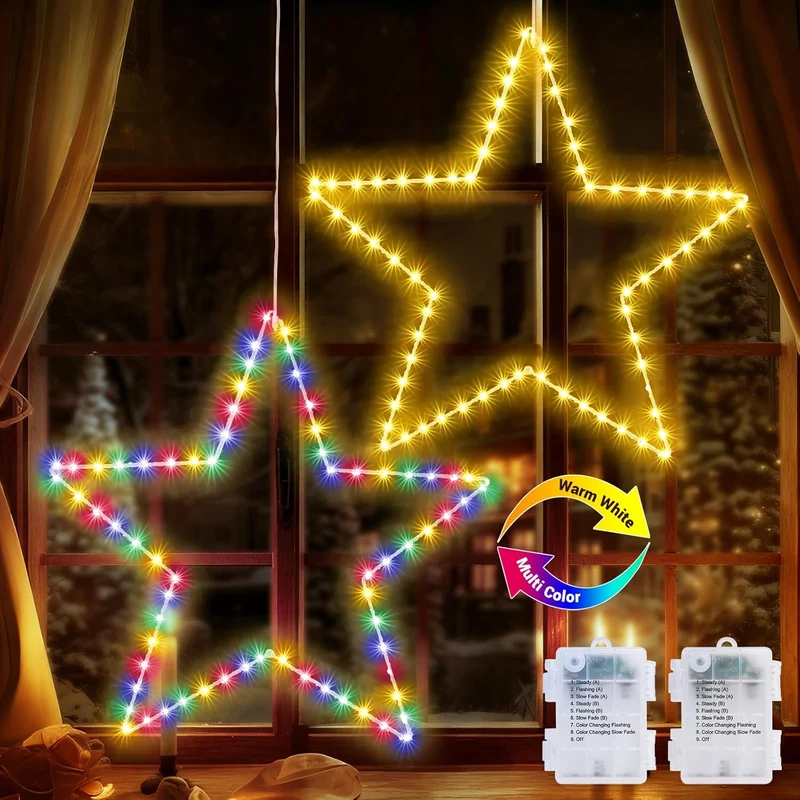Battery Operated Christmas Window Lights – Quntis 2-Pack 19.6in Color Changing Star Lights, with Timer & 8 Modes for Indoor/Outdoor Decor