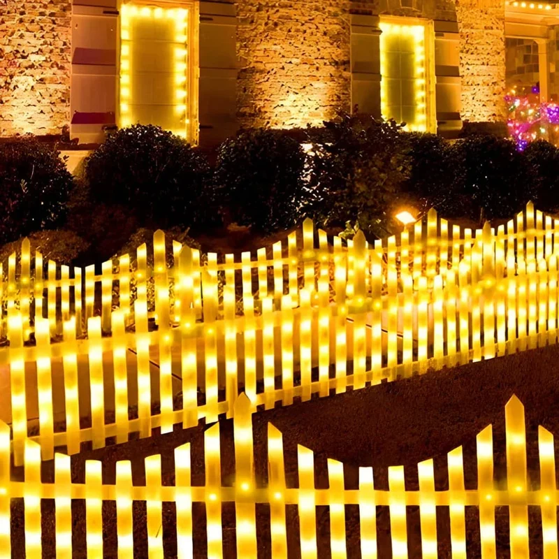 8 Pack 288LED Christmas Tree Fence,Quntis Lighted Christmas Decorative Fence Arc Pattern with 8 Modes&Memory Function Connectable,Waterproof Picket Fence for Flower Pot Garden Christmas Decoration
