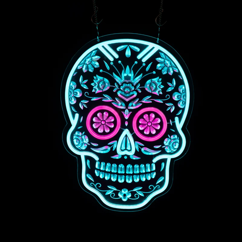 Spooky Halloween Neon Skull Sign – 3D Engraved LED Skeleton Light, Gothic Decor for Bar, Man Cave, Game Room