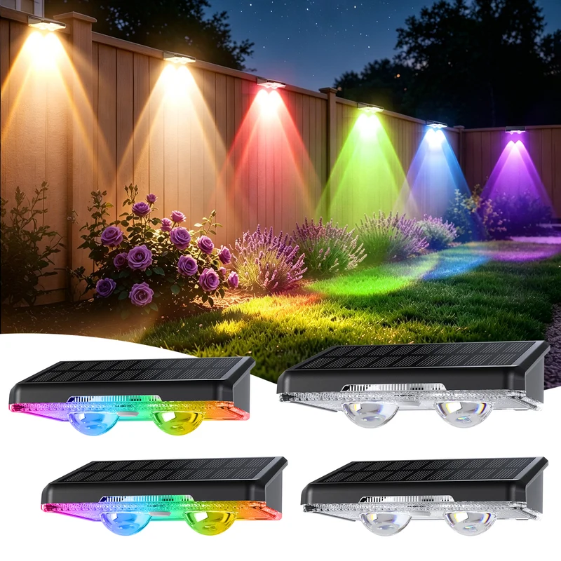 Quntis RGBCW Solar Fence Lights, 11 RGB Modes and Warm White, IP65 Waterproof Professional Mounting Lighting for Outdoor Fence