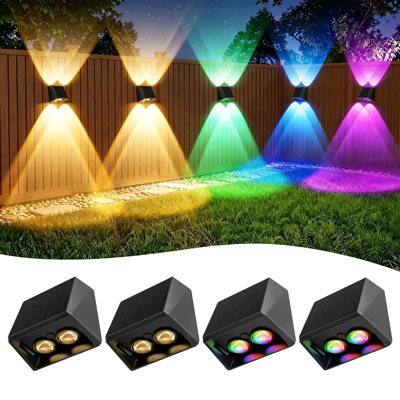 Quntis RGBCW Solar Fence Lights, 13 RGB Modes with Warm and Cool White, Up and Down IP65 Waterproof Lighting for Outdoor Fence