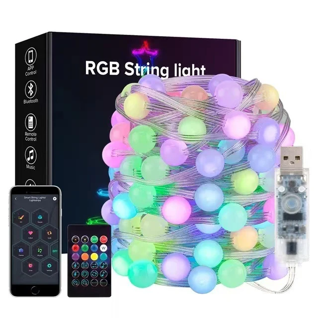 Quntis IP68 USB RGB Globe String Lights – Waterproof Outdoor Pixel-Control Lights with Bluetooth APP, RGB Magic Lights for Wireless DIY, Perfect for Christmas, Holiday, and Camping Ambience