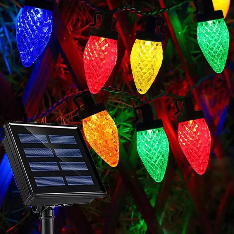 Quntis Solar Christmas Lights – IP65 Waterproof LED C9 Strawberry Colored String Lights for Outdoor Holiday Decoration