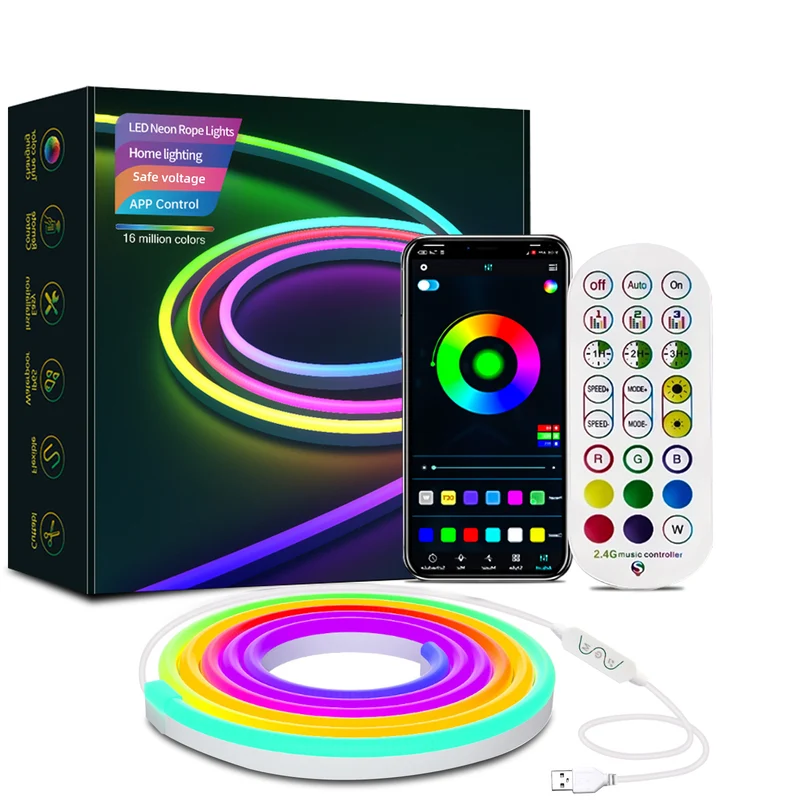 Rgbic Bluetooth Neon Rope Light With Music Sync, Diy Flexible Led Strip For Gaming Room And Bedroom Decor — 2m/3m/5m
