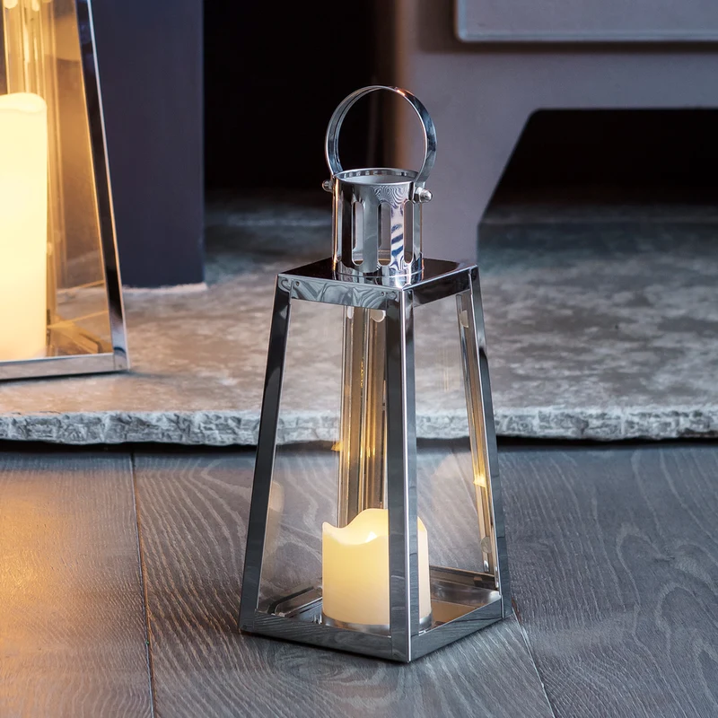 Lanterne Trapèze en Acier Inoxydable avec Bougie LED à Piles