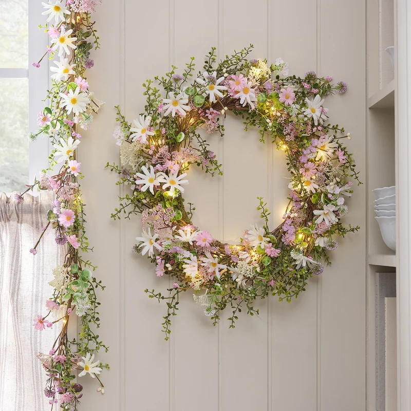 Couronne et Guirlande pré-éclairées de Marguerites Pastel