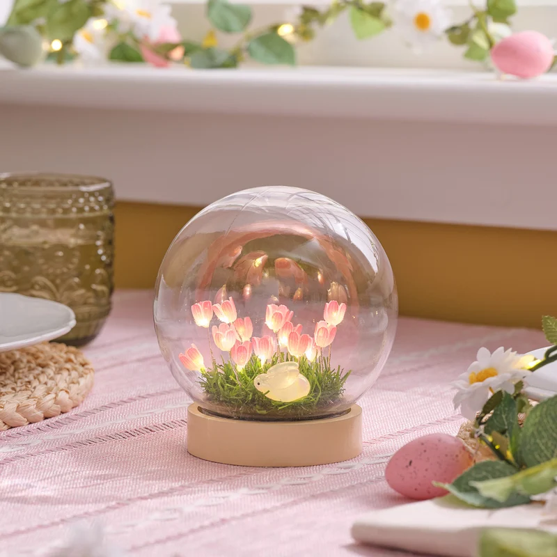Globe Lumineux Scène Printanière – Lapin & Fleurs Roses