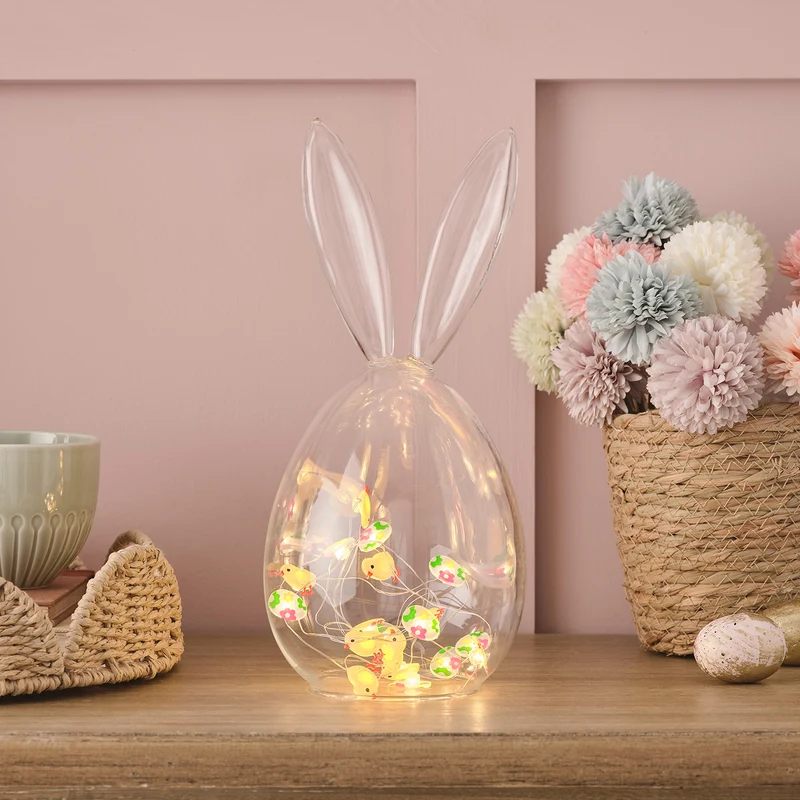 Lot de Cloche en Verre avec Oreilles de Lapin et Guirlande Lumineuse Œufs et Poussins