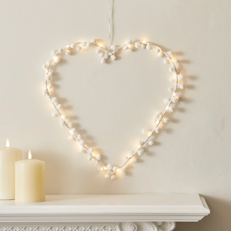 Cœur Lumineux à Pompons Blanc