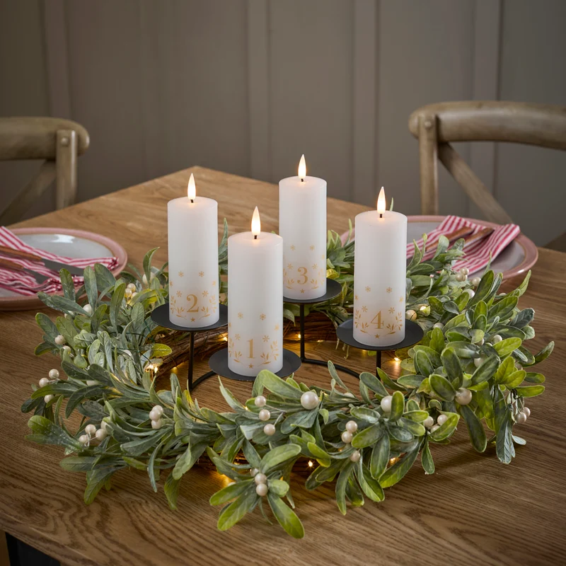 Lot de Couronne de Gui Pré-éclairée de 50 cm avec Bougies de l'Avent TruGlow® et Porte-Bougie