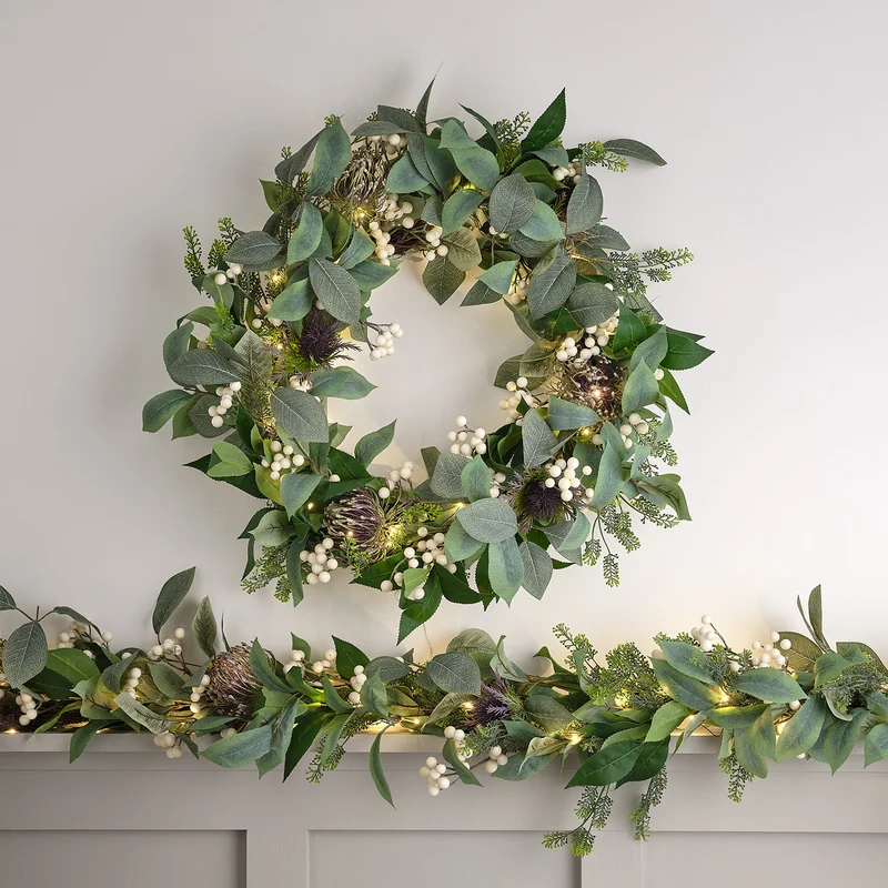 Lot de Couronne et Guirlande de Noël Pré-éclairée à Baies Blanches