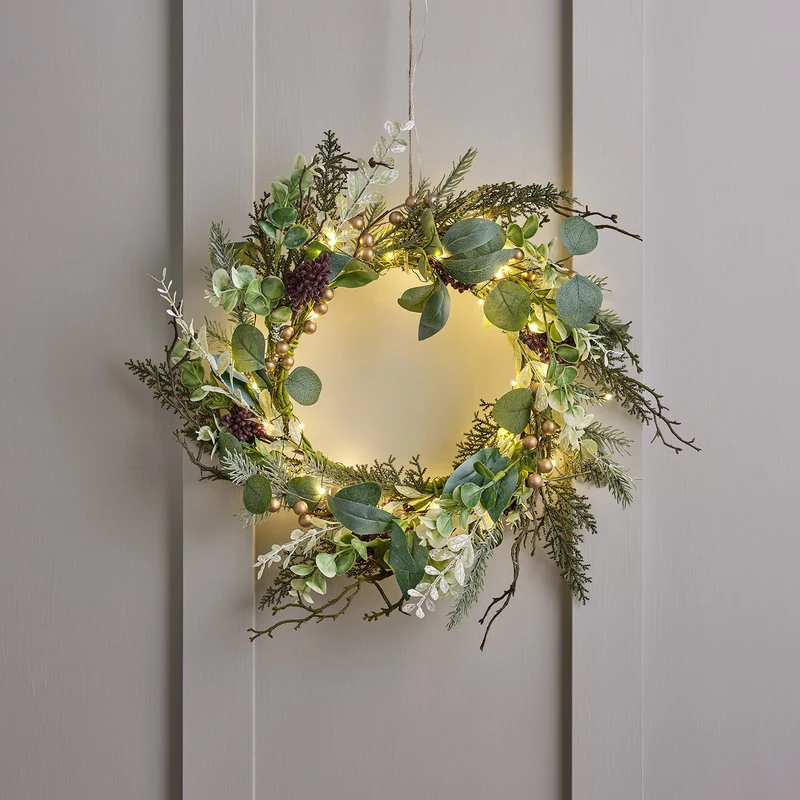 Couronne de Noël de 40 cm à Baies dorées et Micro LED