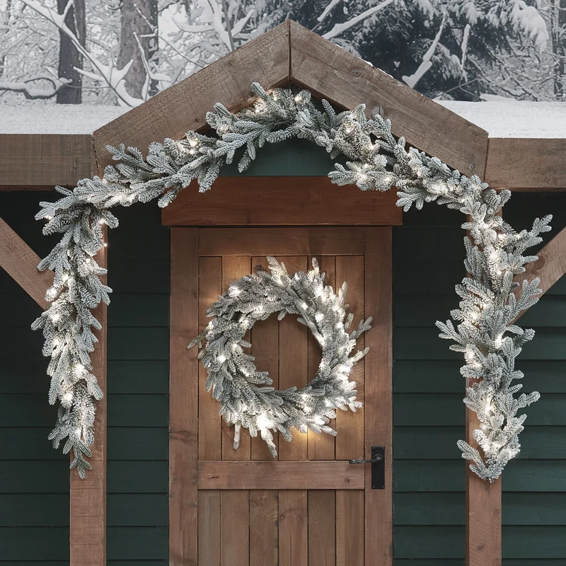Couronne et Guirlande de Noël Pré-éclairée d'Extérieur à Effet Givré