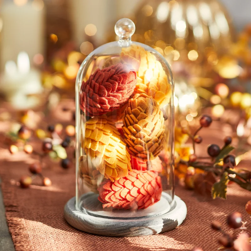 Lot Cloche Lumineuse en Verre avec 6 Pommes de Pin en Feutre