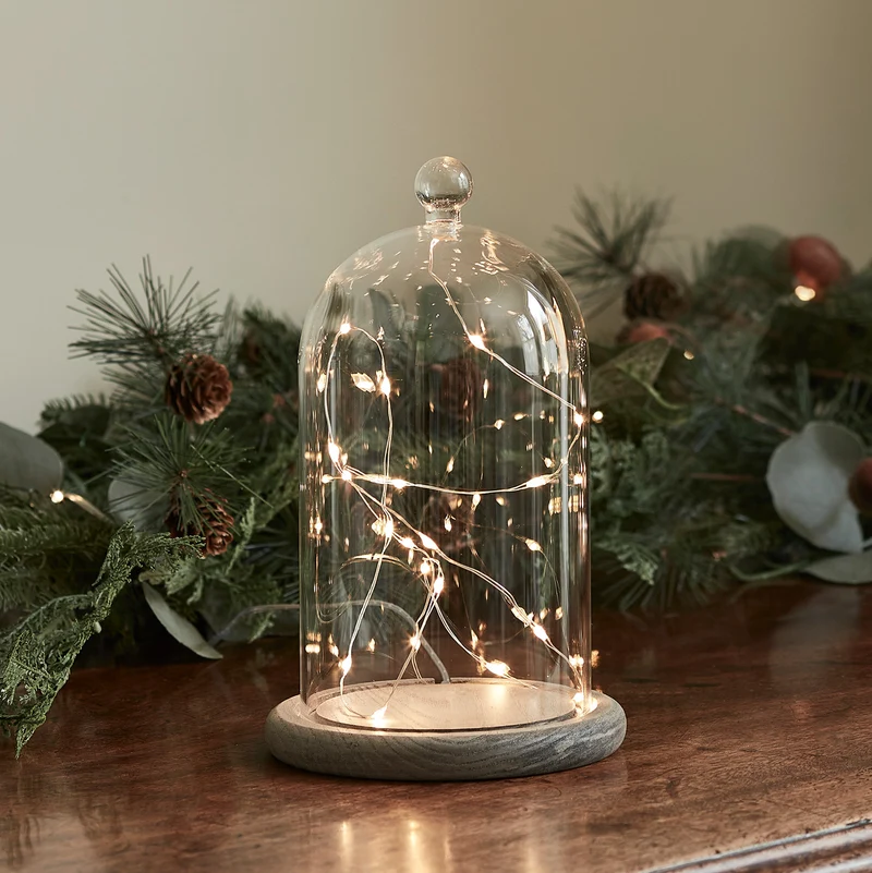 Lot Cloche en Verre avec Base en Bois Gris et Guirlande Micro LED
