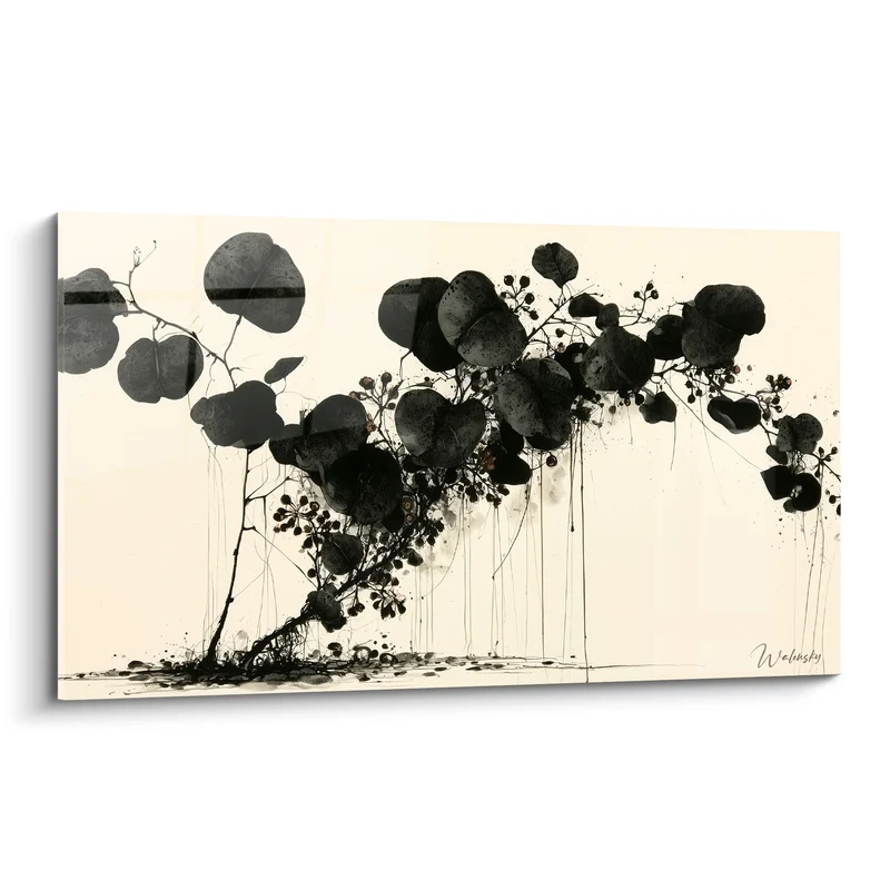 Tableau Branche noire et ivoire aux coulures d'encre - Baies suspendues éparses - Edition Eucalyptus