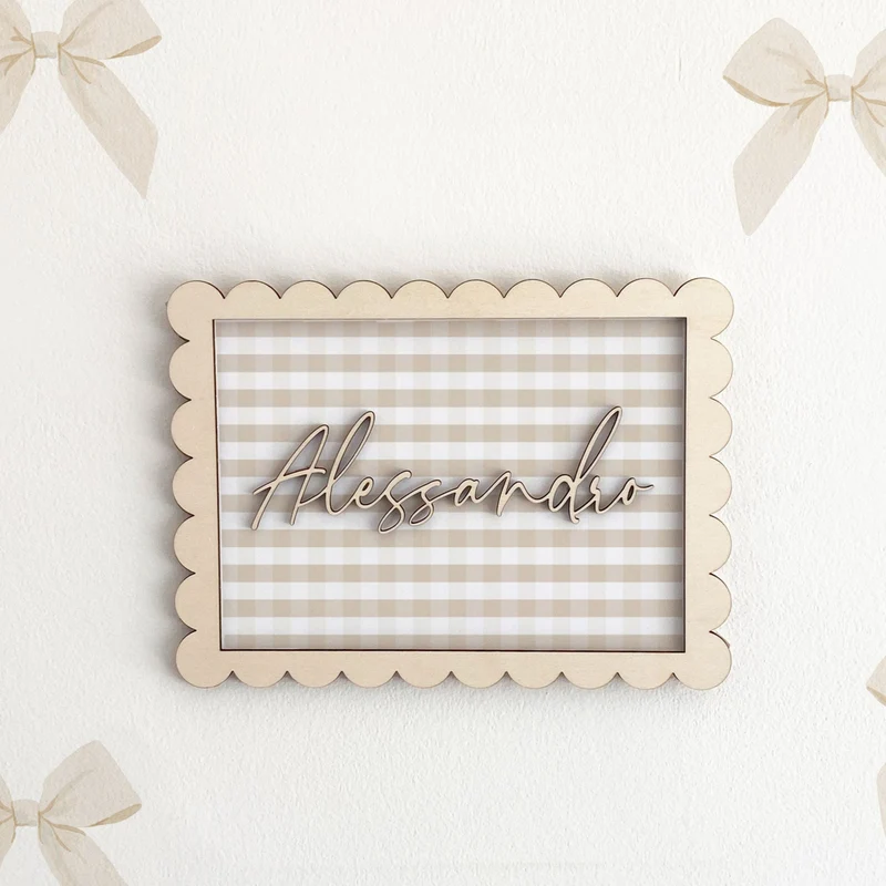 Rectangle Scalloped Wooden Name Sign - Multiple Fonts and Colors Available
