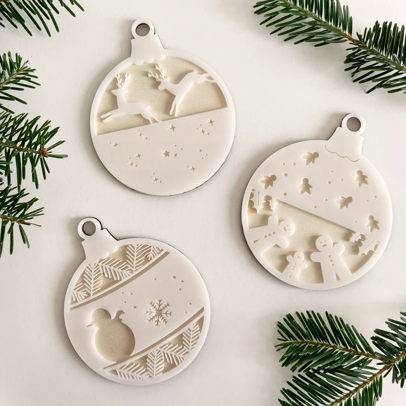 Set of 3 Christmas Balls Christmas Characters in Wood and Acrylic