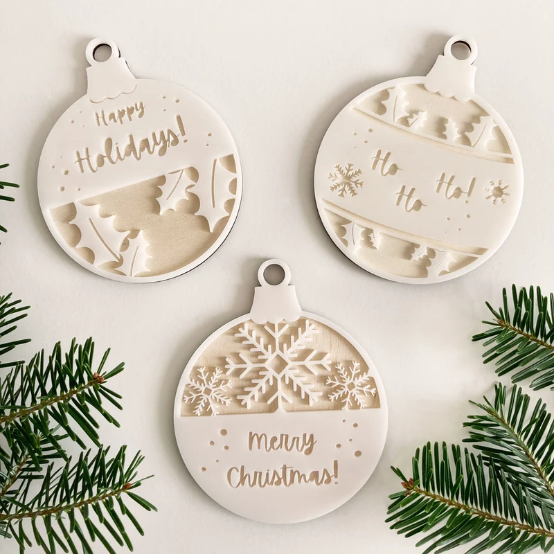 Set of 3 Christmas Balls with Christmas Writing in Wood and Acrylic