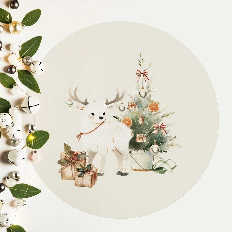 Mantel individual redondo navideño con renos