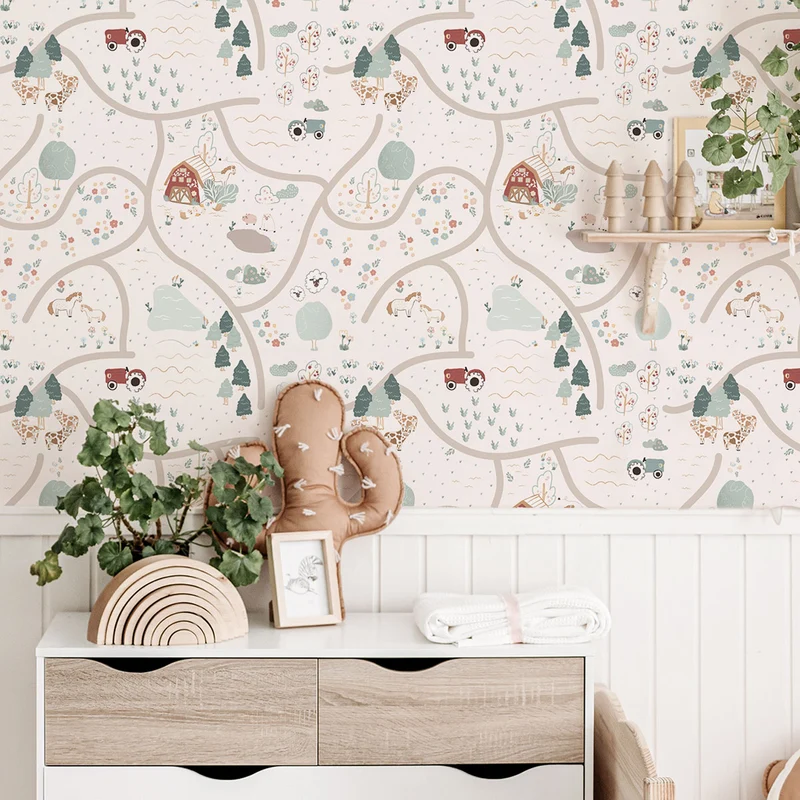 Papel pintado vinílico adhesivo mapa granja feliz multicolor 50x300 cm - Decochic