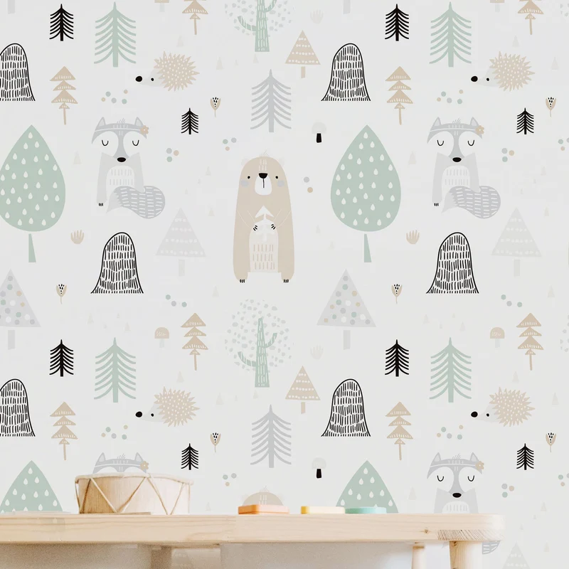 Papier peint adhésif vinyle amis de la forêt vert et beige 50x300 cm-Decochic
