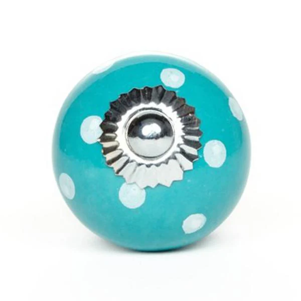 Petit bouton en céramique turquoise à pois blancs