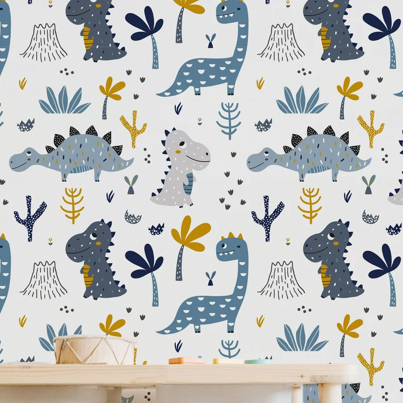 Papier peint adhésif vinyle dinosaures bleu et moutarde 50x300 cm-Decochic