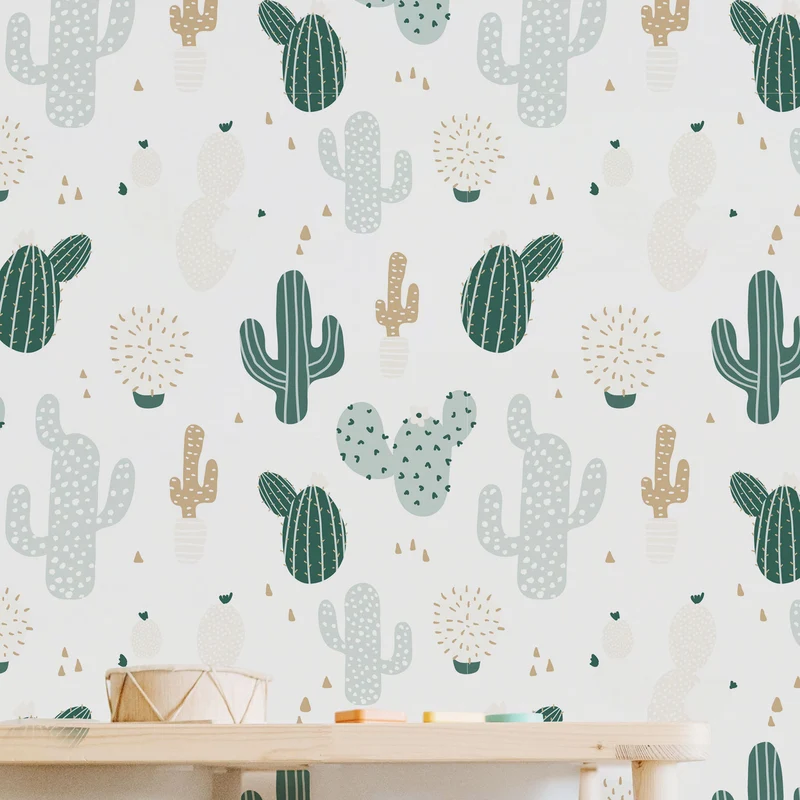 Papel pintado vinílico adhesivo cactus verde y beige 50x300 cm - Decochic