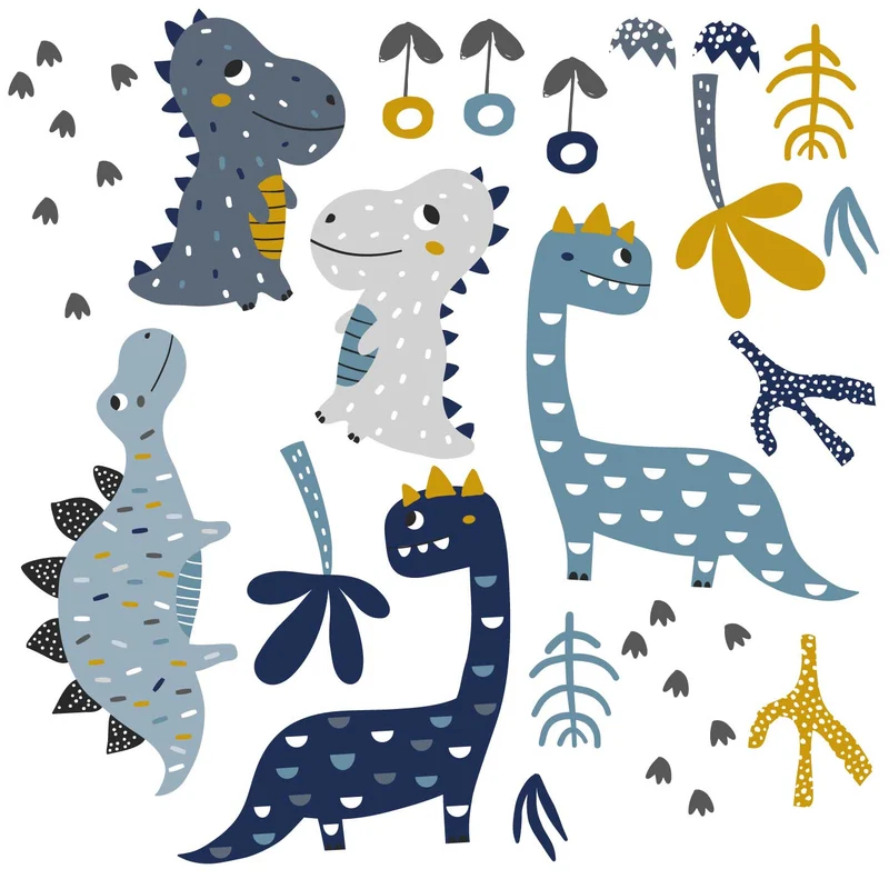Pegatinas Adhesivas de Dinosaurios Azul y Mostaza