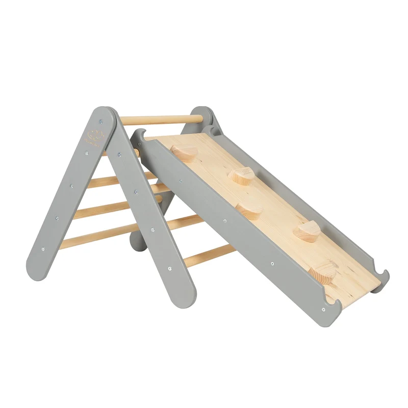 Pikler Triangle with Wooden and Gray Slide MeowBaby