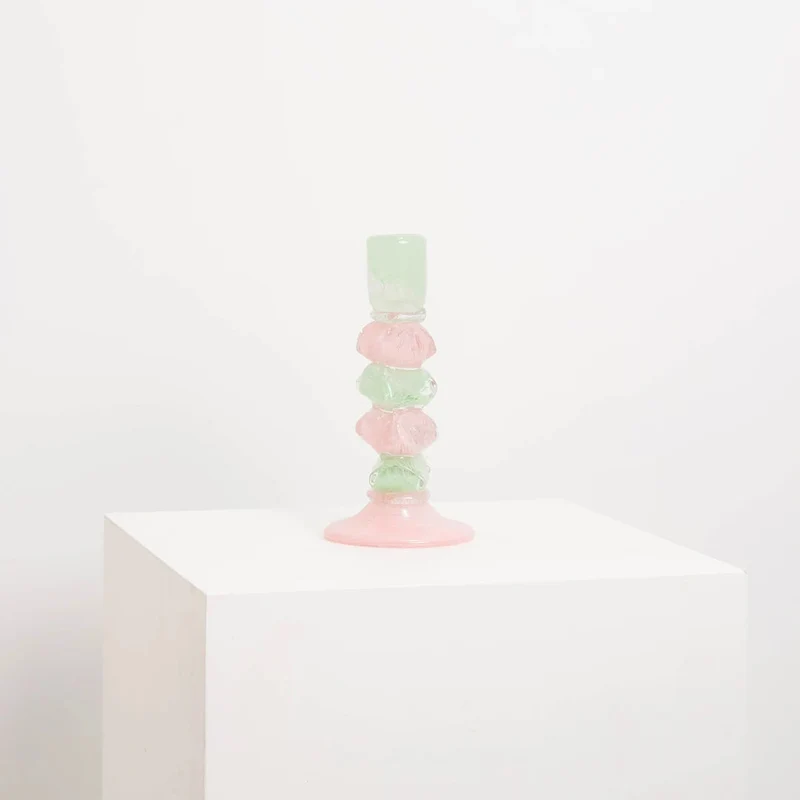 Bougeoir en Verre Soufflé Berlingot Rose et Vert
